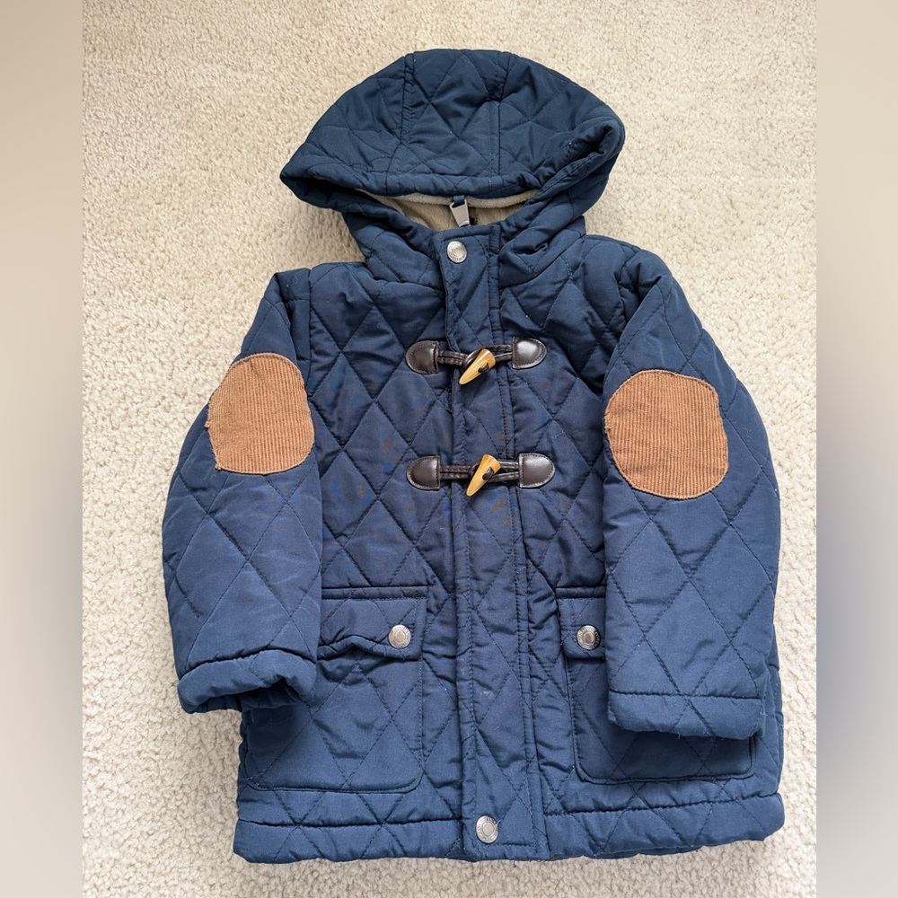 Kids Quilted Navy Hooded Puffer Coat with Brown Elbow Patches